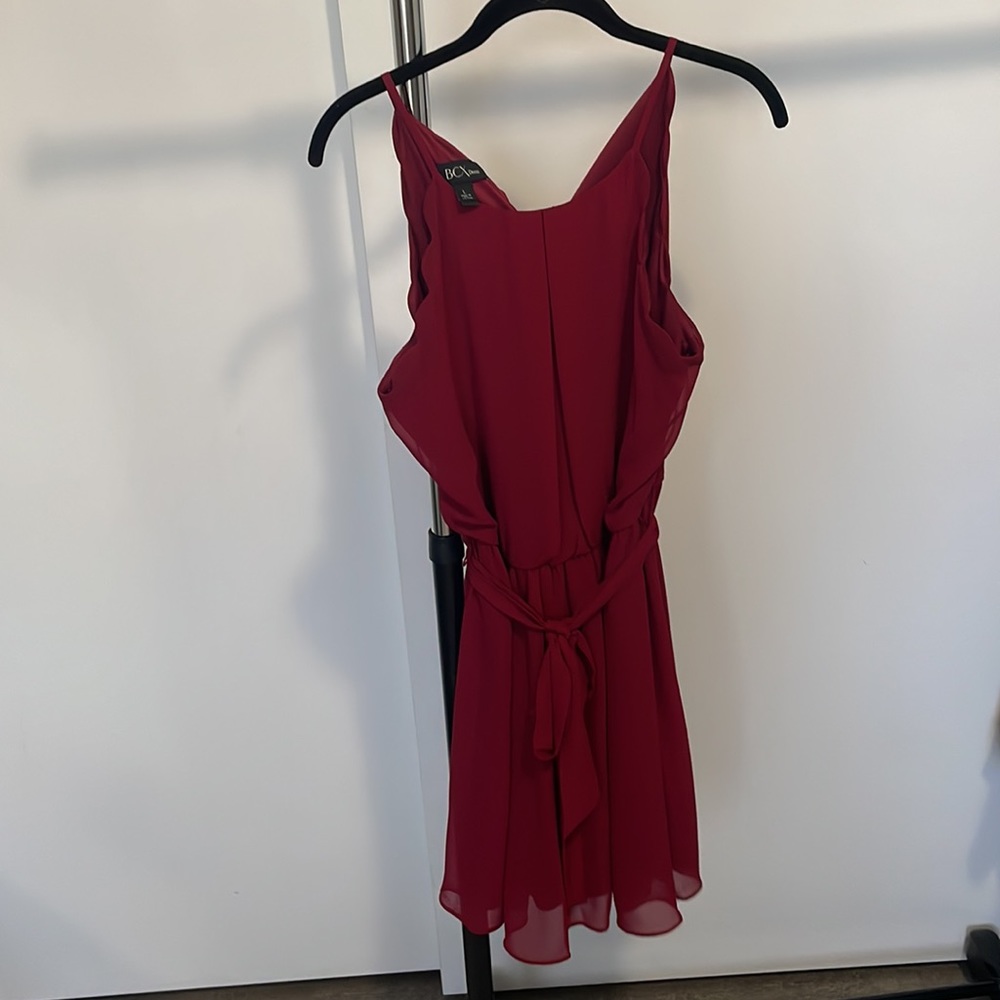 BCX Women's Red Scalloped Sleeveless Belted A-Line Dress